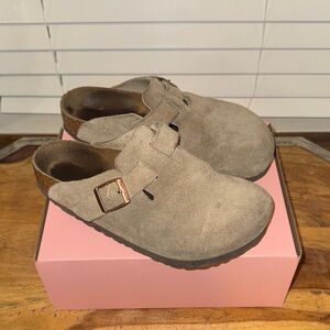Birkenstock Suede Slip-On Clog in Taupe with Buckle